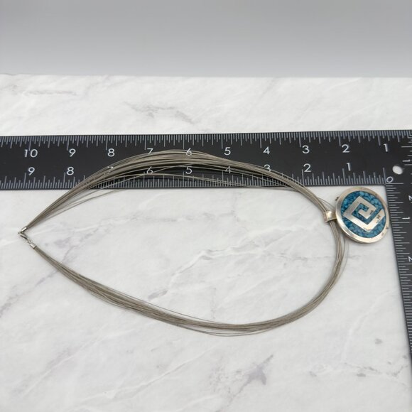 Vintage Sterling Silver Turquoise Inlay Pendant Pin Necklace Multi-Strand Choker - Picture 10 of 11